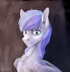 Size: 2065x2105 | Tagged: safe, artist:vepital', oc, oc only, oc:discoordination, pegasus, blue eyes, bust, chest fluff, folded wings, gift art, looking at you, male, pegasus oc, pegasus wings, portrait, simple background, solo, stallion, two toned mane, wings