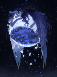 Size: 4000x5428 | Tagged: safe, artist:miurimau, oc, oc only, pegasus, pony, absurd resolution, commission, constellation, female, frown, geode, hair over one eye, large wings, looking at you, mare, moon, one eye open, solo, stars, tangible heavenly object, wing ears, wings, wings down