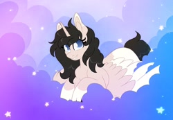 Size: 2048x1418 | Tagged: safe, artist:karzii, oc, oc only, oc:bejewelled clouddust, alicorn, pony, art trade, black hair, blue background, blue eyes, cloud, cream coat, eyelashes, full body, gradient background, lgbt, ponysona, purple background, simple background, solo, stars, wings