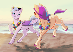 Size: 4132x2919 | Tagged: safe, artist:daisy_marshmallow, queen haven, sunny starscout, pegasus, pony, g5, beach, blushing, colored wings, crepuscular rays, duo, duo female, eyebrows, female, flower, folded wings, grin, high res, implied lesbian, lei, looking at each other, looking at someone, mare, multicolored wings, ocean, raised hooves, ship:sunnyhaven, shipping, signature, smiling, smiling at each other, sunglasses, sunglasses on head, sunlight, unshorn fetlocks, walking, water, wings