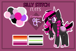 Size: 1490x1000 | Tagged: safe, artist:darling, oc, oc only, oc:silly stitch, earth pony, pony, agender, agender pride flag, blaze (coat marking), chest fluff, coat markings, color palette, colored hooves, coontails, ear fluff, emo, eye clipping through hair, facial markings, hooves, lesbian, lesbian pride flag, lgbt, no catchlights, pink hooves, pride, pride flag, purple eyes, raised hoof, reference sheet, scemo, scene, short tail, smiling, standing on three hooves, tail, tongue out, two toned mane, two toned tail