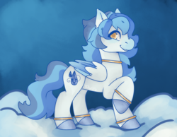 Size: 1800x1400 | Tagged: safe, artist:aquickthwipquip, oc, oc only, oc:dizzle delight, pegasus, pony, bangles, blue, blue coat, blue hooves, blue sky, cloud, colored eartips, colored hooves, colored wings, colored wingtips, crystal cutie mark, ear fluff, eyelashes, folded wings, gradient ears, gradient muzzle, hooves, jewelry, long mane, long tail, looking back, oc lore, on a cloud, pegasus oc, profile, raised hoof, shiny hooves, sky background, smiling, standing on a cloud, tail, three toned mane, three toned tail, three toned wings, wings, yellow eyes, yellow pupils