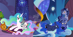 Size: 1280x646 | Tagged: safe, artist:velveagicsentryyt, king sombra, princess celestia, princess luna, oc, oc:batty, oc:jade, oc:starlit luminary, bat pony, pony, g4, female, filly, foal, good king sombra, offspring, parent:king sombra, parent:princess celestia, parent:princess luna, parents:celestibra, sleeping