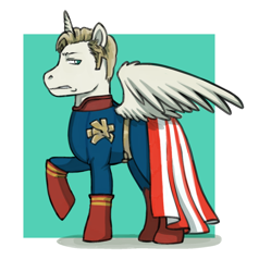 Size: 1276x1339 | Tagged: safe, artist:ichigomaru, alicorn, pony, cape, clothes, crossover, fanart, homelander, male, ponified, solo, stallion, suit, superhero, the boys