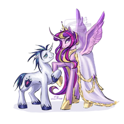 Size: 2048x2048 | Tagged: safe, artist:phantonixx, princess cadance, shining armor, alicorn, pony, unicorn, g4, clothes, dress, duo, duo male and female, female, height difference, horn, male, mare, marriage, meme, ship:shiningcadance, shipping, simple background, smiling, spread wings, stallion, straight, the bride and the ugly ass groom, veil, wedding, wedding dress, wedding veil, white background, wings