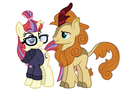 Size: 1000x750 | Tagged: safe, edit, vector edit, autumn afternoon, moondancer, kirin, pony, unicorn, g4, clothes, cloven hooves, crack shipping, duo, duo male and female, female, glasses, horn, interspecies, male, ship:autumndancer, shipping, simple background, straight, transparent background, vector