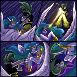 Size: 3000x3000 | Tagged: safe, artist:phantonixx, princess celestia, alicorn, pony, g4, 4 panel comic, angry, clothes, comic, crossover, duo, epic, eye contact, female, fight, glowing, glowing horn, gritted teeth, horn, laser, looking at each other, looking at someone, mare, punch, sonic the hedgehog (series), spread wings, surge the tenrec, teeth, wings