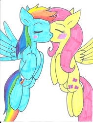 Size: 844x1108 | Tagged: safe, artist:cmara, fluttershy, rainbow dash, pegasus, g4, blushing, duo, duo female, female, kiss on the lips, kissing, lesbian, ship:flutterdash, shipping, simple background, white background