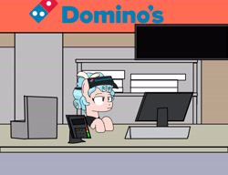 Size: 6500x5000 | Tagged: safe, artist:mixelscraft64, artist:sketchyboi25, cozy glow, pegasus, pony, g4, absurd resolution, cash register, cashier, desk, domino's, domino's pizza, eyebrows, female, filly, foal, food, frown, goanimate, hat, logo, pizza, pizza box, redraw, scene recreation, solo