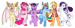 Size: 2048x789 | Tagged: safe, artist:spookyfoxinc, applejack, fluttershy, pinkie pie, rainbow dash, rarity, twilight sparkle, alicorn, bat, bat pony, big cat, dog, hyena, leopard, snow leopard, wolf, anthro, digitigrade anthro, g4, apple, appledog, bat ponified, big ears, blushing, book, chest fluff, coat markings, cute, cute little fangs, dogified, ear fluff, fangs, female, fluffy, flutterbat, food, furrified, furry, lidded eyes, looking at you, mouth hold, paw pads, paws, race swap, simple background, smiling, socks (coat markings), species swap, spread wings, twilight sparkle (alicorn), underpaw, white background, wings, wolfified