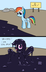 Size: 2000x3117 | Tagged: safe, artist:amateur-draw, rainbow dash, pegasus, g4, covered in tar, female, mare, sign, solo, tar, tar pit, tar pony, too dumb to live, wings