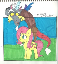 Size: 1406x1545 | Tagged: safe, artist:cmara, discord, fluttershy, draconequus, pegasus, g4, 2024, breaking the fourth wall, crayon drawing, female, fourth wall, grass, male, signature, traditional art