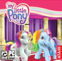 Size: 524x518 | Tagged: safe, rainbow dash (g3), sunny daze (g3), earth pony, pony, g3, atari, best friends ball, box art, cd-rom, duo, duo female, ec rating, esrb, female, mare, my little pony logo, pc, video game