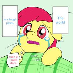 Size: 900x900 | Tagged: safe, artist:unitxxvii, apple bloom, earth pony, pony, g4, bed, crying, female, filly, foal, in bed, meme, open mouth, ponified, ponified meme, sheet, sobbing, speech bubble, text