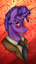 Size: 1338x2374 | Tagged: safe, artist:darklight1315, oc, oc only, oc:twiggy, pony, unicorn, fallout equestria, abstract background, clothes, detective, fallout equestria: mayday, glasses, gradient background, horn, necktie, pre-war, round glasses, solo