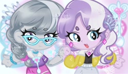 Size: 1600x931 | Tagged: safe, artist:xinjinjumin636876286380, diamond tiara, silver spoon, human, equestria girls, g4, abstract background, chibi, duo, duo female, female