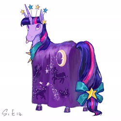 Size: 2048x2048 | Tagged: safe, artist:hutuaner, twilight sparkle, pony, unicorn, g4, suited for success, bow, clothes, constellation dress, dress, female, hoers, horn, mare, simple background, solo, tail, tail bow, text, tongue out, white background