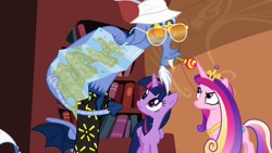 Size: 800x450 | Tagged: safe, screencap, discord, princess cadance, twilight sparkle, alicorn, draconequus, pony, g4, season 4, three's a crowd, bangs, book, bookshelf, bucket hat, candy, crown, fear and loathing in las vegas, folded wings, food, glasses, golden oaks library, hat, horn, jewelry, lollipop, looking at someone, looking down, looking up, map, regalia, sunglasses, trio, twilight sparkle (alicorn), wings