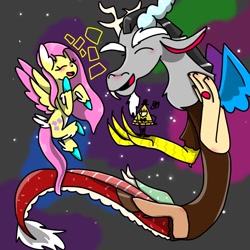 Size: 1280x1280 | Tagged: safe, artist:bagelghost, discord, fluttershy, draconequus, pegasus, pony, g4, abstract background, bill cipher, dimension, eyes closed, floating, good guy, gravity falls, hanging out, open mouth, pocket dimension, reformed, standing on hand, story included, triangle, trio