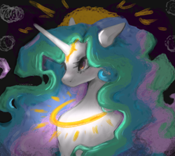 Size: 1800x1600 | Tagged: safe, artist:lunciafnafpl, princess celestia, alicorn, pony, g4, abstract background, bust, female, floppy ears, halo, horn, horn ring, jewelry, long horn, mare, missing accessory, necklace, ring, solo, sun