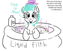 Size: 734x600 | Tagged: safe, artist:anonymous, artist:notawriteranon, editor:notawriteranon, bon bon, lyra heartstrings, sweetie drops, g4, bath toy, bathing, bone, bottle, bubble, dirty, doodle, earth pony lyra heartstrings, female, filth, food, hat, implied anon, inflatable pool, invitation, l.u.l.s., leaning, lineart, looking at you, mare, missing horn, misspelling, oats, opaque inflatable, open mouth, open smile, signature, simple background, skub, smelly, smiling, smiling at you, soap, soap bottle, solo, stink lines, talking to viewer, text, white background