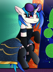 Size: 1872x2547 | Tagged: safe, alternate version, artist:andaluce, dj pon-3, vinyl scratch, pony, unicorn, g4, clothes, dress, ear fluff, female, fishnet clothing, fishnet stockings, gala dress, garter belt, glasses off, horn, looking at you, mare, sitting, socks, solo, stockings, thigh highs