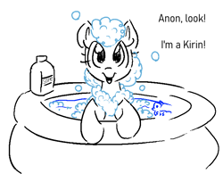 Size: 734x600 | Tagged: safe, artist:anonymous, g4, bath toy, bathing, bottle, bubble, bubble mane, comic, female, implied anon, inflatable pool, kirin costume, leaning, lineart, looking at you, mare, misspelling, one-panel comic, opaque inflatable, open mouth, open smile, simple background, smiling, smiling at you, soap, soap bottle, solo, talking to viewer, trichrome, water, white background