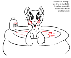 Size: 734x600 | Tagged: safe, artist:anonymous, edit, oc, oc only, g4, bath toy, bathing, blood, bottle, canines, chest fluff, doodle, duochrome, evil, eyebrows, female, female oc, inflatable pool, leaning, lineart, looking at you, mare, misspelling, no mane, opaque inflatable, open mouth, open smile, pony base, simple background, smiling, smiling at you, soap, soap bottle, solo, text, white background