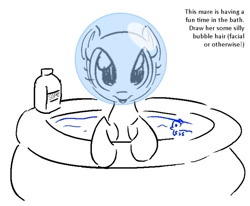 Size: 768x632 | Tagged: safe, artist:anonymous, g4, bath toy, bathing, bottle, bubble on head, doodle, duochrome, female, inflatable pool, leaning, lineart, looking at you, mare, misspelling, no mane, opaque inflatable, open mouth, open smile, pony base, simple background, smiling, smiling at you, soap, soap bottle, solo, text, water, white background