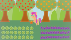 Size: 1920x1080 | Tagged: safe, artist:carrotorangelight, sunny starscout, earth pony, pony, g5, apple, apple orchard, apple tree, basket, farm, female, food, fruit, fruit farm, grapes, hoof hold, long mane, mare, orange, orange tree, orchard, outdoors, pointy ponies, quadrupedal, scrunchie, solo, tree, watermelon