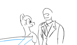 Size: 675x401 | Tagged: safe, artist:anonymous, oc, oc only, oc:anon, oc:flippers, human, merpony, g4, clothes, comic, doodle, duo, duo male and female, female, female oc, human oc, looking at each other, looking at someone, male, mare, mare oc, necktie, no mane, simple background, smiling, smiling at each other, suit, water, white background