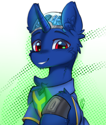 Size: 4079x4787 | Tagged: safe, artist:lunylin, oc, oc only, oc:bit shift, pony, unicorn, fallout equestria, blue coat, brain, clothes, gradient background, horn, jumpsuit, looking at you, organs, pipbuck, smiling, smiling at you, solo, vault suit