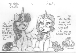 Size: 1701x1188 | Tagged: safe, artist:rosa ushiromiya, applejack, fluttershy, pinkie pie, rainbow dash, rarity, twilight sparkle, alicorn, earth pony, pegasus, pony, unicorn, fanfic:tangled manes, g4, blushing, female, horn, lesbian, monochrome, ship:rarilight, shipping, spanish, traditional art, translation request, twilight sparkle (alicorn)