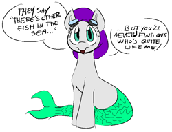 Size: 728x557 | Tagged: safe, artist:anonymous, oc, oc only, oc:flippers, merpony, pony, g4, clothes, colored, comic, female, female oc, fish tail, flat colors, goggles, gray coat, green tail, hat, looking at you, mare, one-panel comic, rhyming, simple background, sitting, solo, speech bubble, swimming cap, swimming goggles, tail, talking to viewer, turquoise eyes, white background