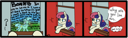 Size: 2304x698 | Tagged: safe, artist:davierocket, bon bon, lyra heartstrings, sweetie drops, earth pony, pony, unicorn, g4, comic, duo, duo female, female, horn, l.u.l.s., lesbian, mare, question mark, she's hot, ship:lyrabon, shipping, speech bubble, text, thought bubble, window, yelling