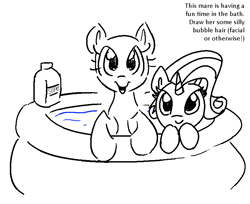 Size: 734x600 | Tagged: safe, artist:anonymous, edit, rarity, oc, unicorn, g4, bathing, bottle, canon and oc, cute, duo, duo female, duochrome, female, horn, inflatable pool, leaning, lineart, looking at you, mare, misspelling, opaque inflatable, open mouth, open smile, simple background, smiling, smiling at you, soap, soap bottle, solo, water, white background