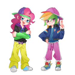 Size: 1080x1080 | Tagged: safe, artist:king611075, pinkie pie, rainbow dash, human, g4, baseball cap, cap, clothes, crossed arms, grin, hand gesture, hat, hoodie, humanized, jacket, looking at you, open mouth, pants, rapper dash, rapper pie, shirt, shoes, simple background, smiling, sneakers, transparent background