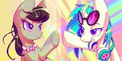 Size: 3200x1600 | Tagged: safe, artist:awhitesheep, dj pon-3, octavia melody, vinyl scratch, earth pony, pony, unicorn, g4, abstract background, female, grin, headphones, horn, mare, smiling