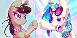 Size: 3200x1600 | Tagged: safe, alternate version, artist:awhitesheep, dj pon-3, octavia melody, vinyl scratch, earth pony, pony, unicorn, g4, abstract background, female, grin, headphones, horn, mare, smiling