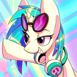 Size: 1600x1600 | Tagged: safe, artist:awhitesheep, dj pon-3, vinyl scratch, pony, unicorn, g4, abstract background, female, grin, headphones, horn, mare, smiling, solo