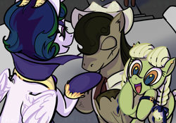 Size: 2388x1668 | Tagged: safe, alternate version, artist:luansh, idw, granny smith, pokey oaks, princess celestia, alicorn, earth pony, pony, g4, reflections, spoiler:comic, eyes closed, female, hoof kissing, male, mare, mirror universe, open mouth, smiling, sparkly eyes, stallion, wingding eyes, young granny smith, younger