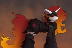 Size: 6000x4000 | Tagged: safe, oc, oc:solar storm, armor, fire, helmet, looking at you, mane of fire