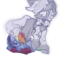 Size: 2500x2000 | Tagged: safe, alternate version, artist:zi322207, applejack, rainbow dash, spirit of hearth's warming past, earth pony, ghost, pony, undead, g4, clothes, dress, duo, duo female, eyes closed, female, mare, simple background, sleeping, socks, white background