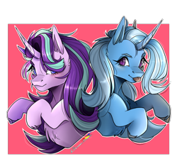 Size: 1000x924 | Tagged: safe, artist:legendaryshadee, starlight glimmer, trixie, pony, unicorn, g4, :p, bust, chest fluff, duo, female, horn, mare, signature, simple background, smiling, tongue out