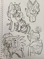 Size: 1279x1706 | Tagged: safe, artist:piaojun55154, apple bloom, limestone pie, marble pie, silverstream, twilight sparkle, twilight velvet, earth pony, hippogriff, pony, unicorn, g4, female, filly, foal, graph paper, horn, lineart, mare, smiling, speech bubble, spread wings, text, traditional art, wings