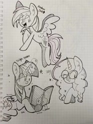 Size: 1279x1706 | Tagged: safe, artist:piaojun55154, rainbow dash, twilight sparkle, alicorn, pegasus, pony, unicorn, g4, book, female, glasses, graph paper, horn, magic, mare, one eye closed, telekinesis, text, traditional art, twilight sparkle (alicorn), wink