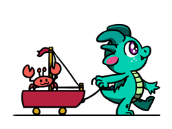 Size: 1800x1350 | Tagged: safe, artist:flutterluv, mcsnips-a-lot, sparky sparkeroni, crab, dragon, g5, 2024, baby, baby dragon, cute, dragon day, freckles, male, older, older sparky sparkeroni, ponified animal gif, simple background, smiling, sparkybetes, toy boat, transparent background