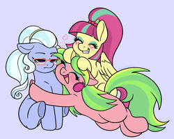 Size: 3000x2400 | Tagged: safe, artist:leopardsnaps, derpibooru exclusive, lemon zest, sour sweet, sugarcoat, earth pony, pegasus, pony, g4, cuddling, cute, equestria girls ponified, female, freckles, glasses, hair accessory, headphones, hug, hugging a pony, mare, missing cutie mark, ponified, purple background, simple background, smiling, sugarcoat is not amused, trio, trio female, unamused, zestabetes