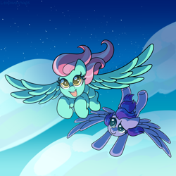 Size: 3000x3000 | Tagged: safe, artist:leopardsnaps, hyacinth dawn, minty breeze, pegasus, pony, g4, :d, backlighting, cloud, crack shipping, duo, duo female, female, flying, lesbian, looking at someone, open mouth, open smile, ship:mintdawn, shipping, smiling, spread wings, stars, wings