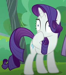 Size: 533x603 | Tagged: safe, screencap, rarity, pony, unicorn, g4, season 6, the gift of the maud pie, boop, cropped, funny, horn, out of context, outdoors, scrunchy face, self-boop, solo, standing, tree, wide eyes